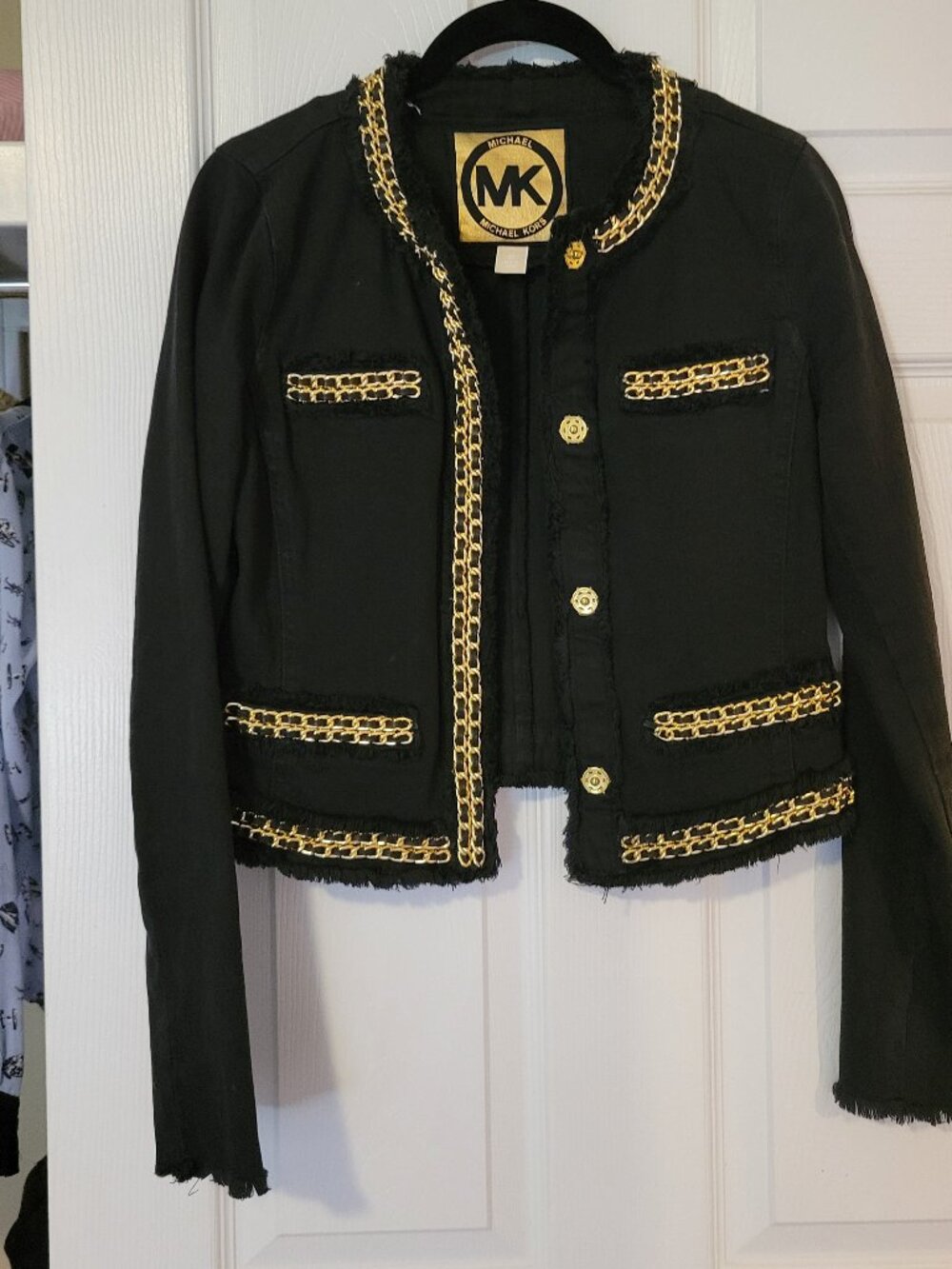 MICHAEL KORS Black Frayed Edge Gold Chain Trim Cotton Jacket Size 0